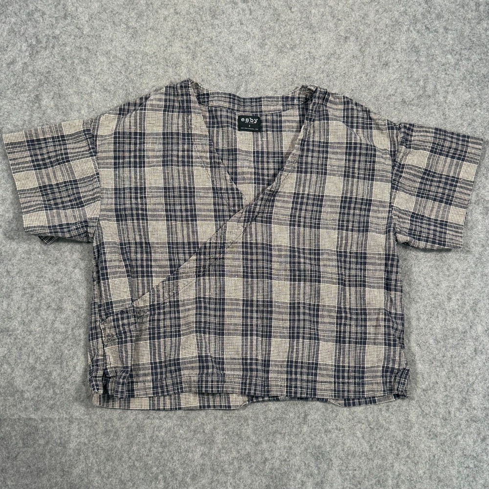 Esby Navy Natural Plaid Naomi Boxy Surplice Short Sleeve Top Women's Size Small
